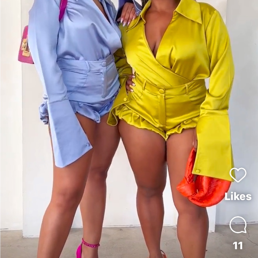 Stylish Satin Romper Set - Blue and Yellow